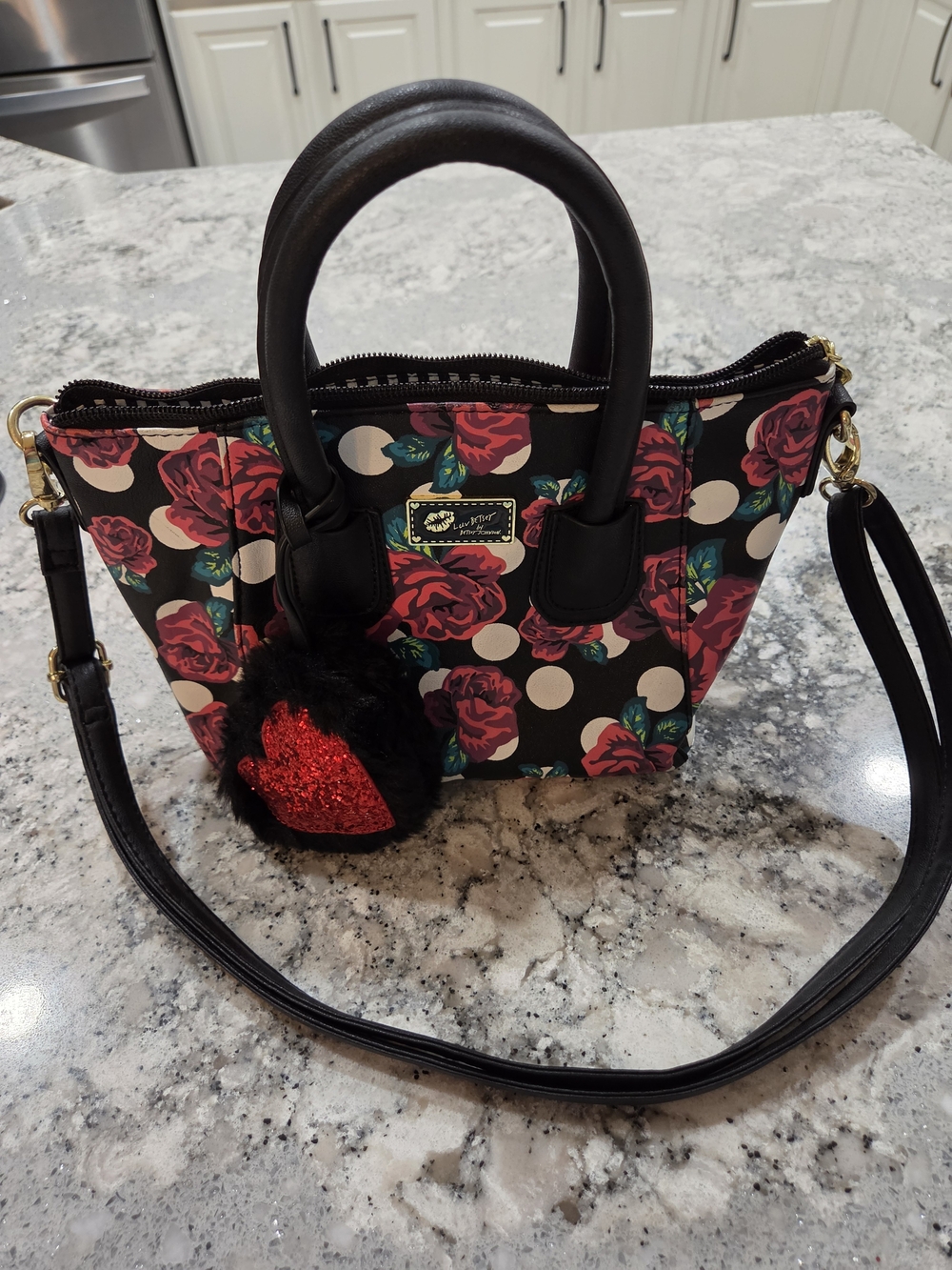 Betsey Johnson Black Floral Polka Dot Satchel with Red Rose Print